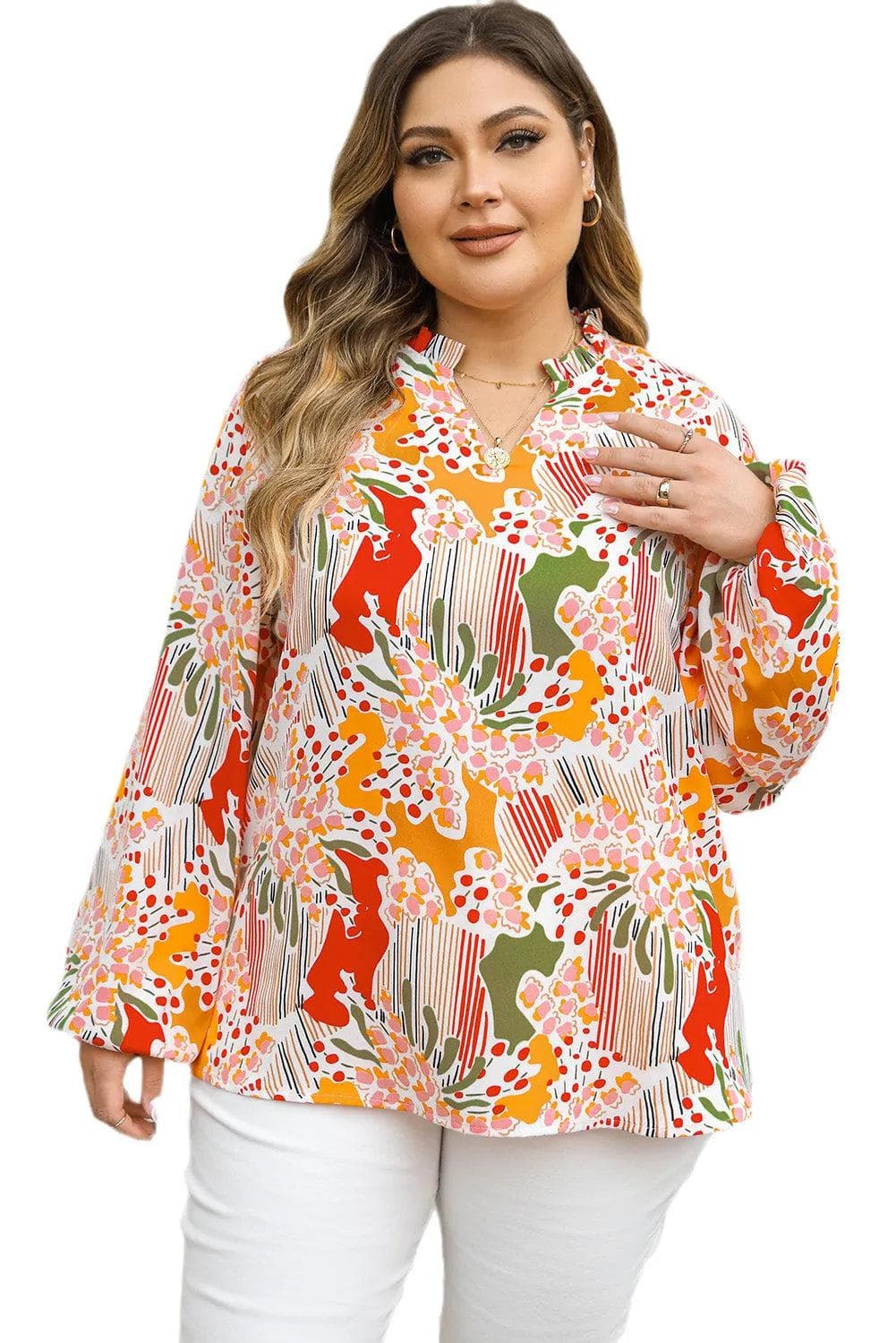 Plus Size/Plus Size Tops/Plus Size Blouses & Shirts Orange Printed Floral Abstract Print Frilled V Neck Plus Size Blouse