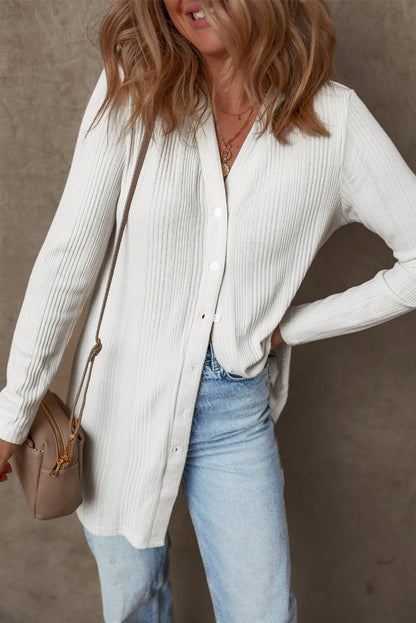 White Solid Color Ribbed Button up Tunic Cardigan