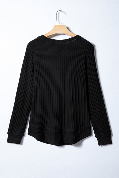 Black Ribbed Texture Round Neck Long Sleeve Rounded Hem Knit Top