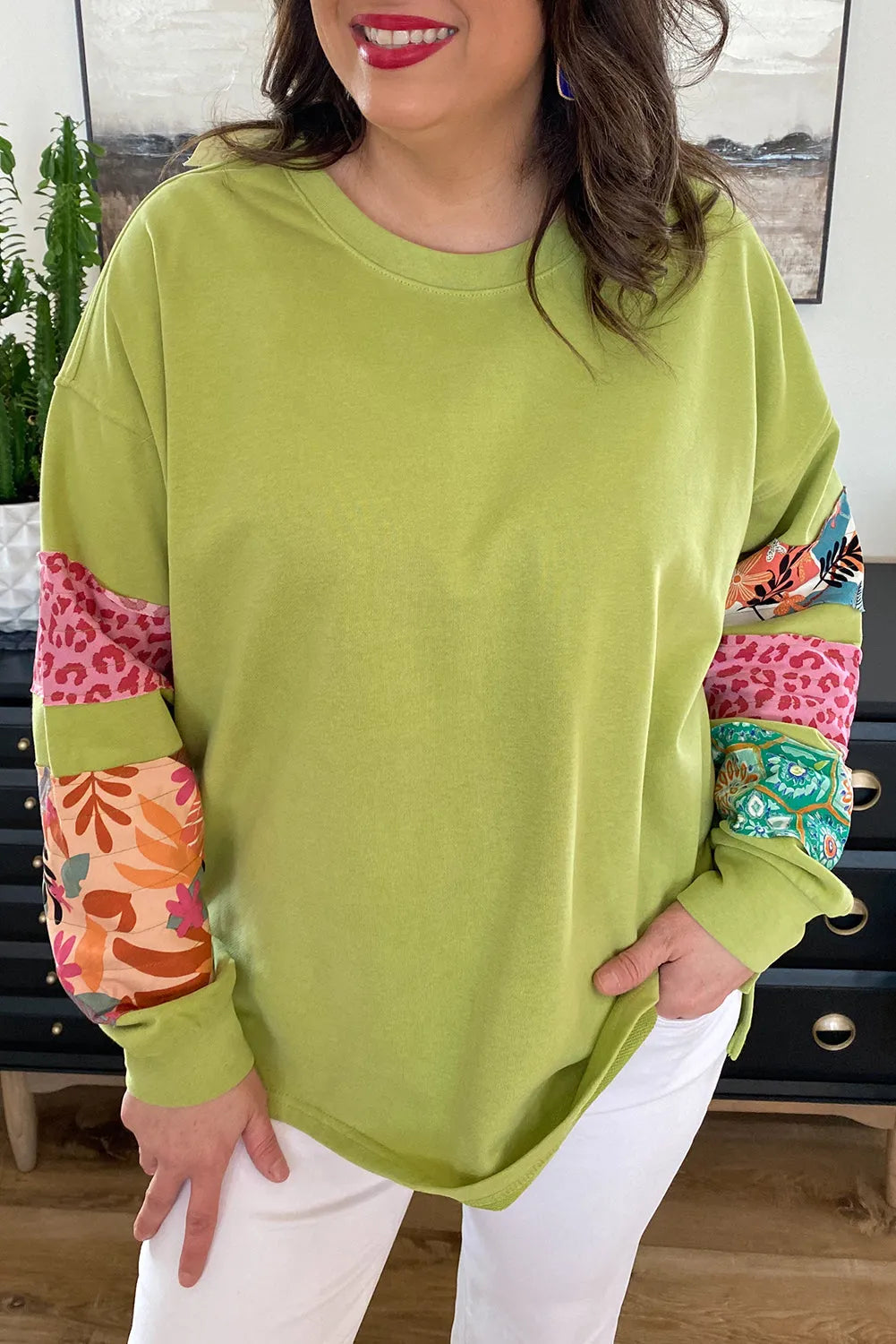 Green Plus Size Printed Patchwork Sleeve Split Sweatshirt - Chic Meadow Boutique 