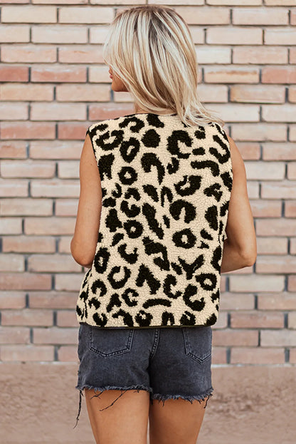 Black Leopard Print Sherpa Vest Coat - Chic Meadow Boutique 