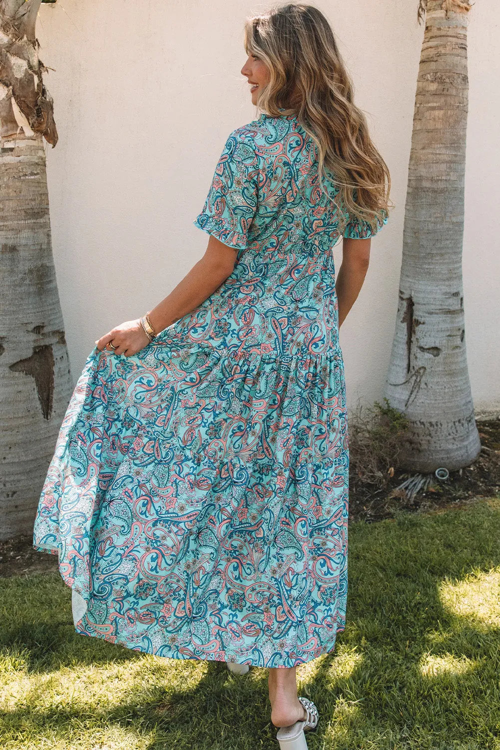 Sky Blue Paisley Print Boho Holiday Ruffle Tiered Maxi Dress - Chic Meadow Boutique 