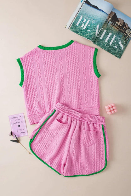 Two Piece Sets/Short Sets Pink Contrast Trim Cable Textured Shorts Set