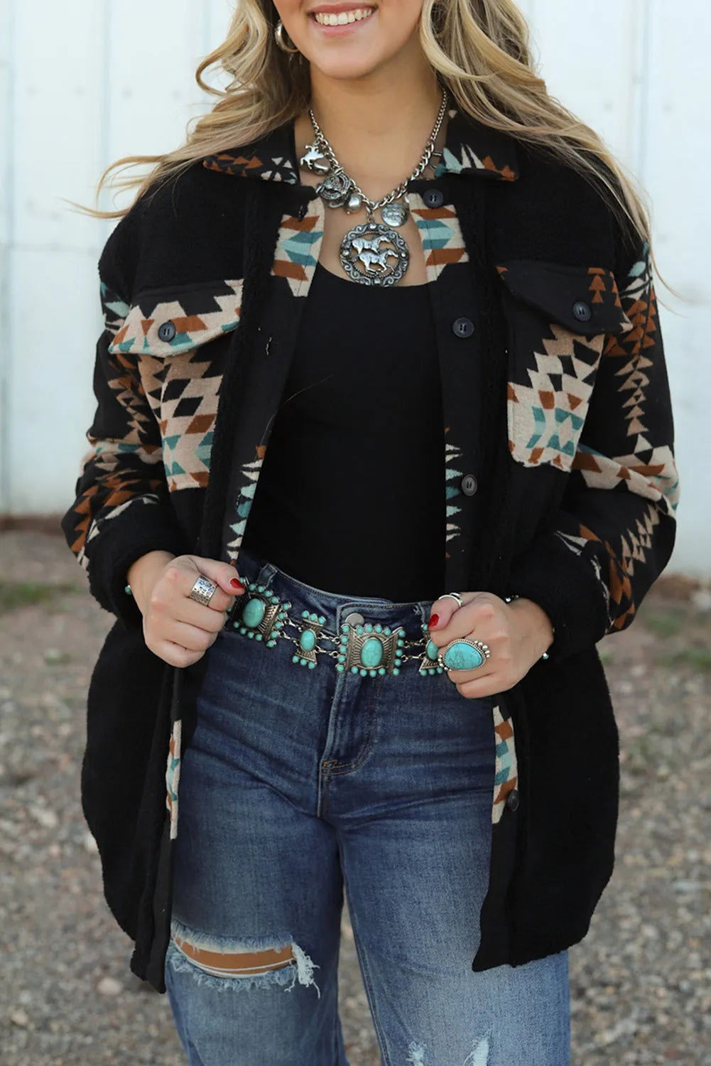 Black Western Aztec Print Accent Fleece Shacket - Chic Meadow Boutique 