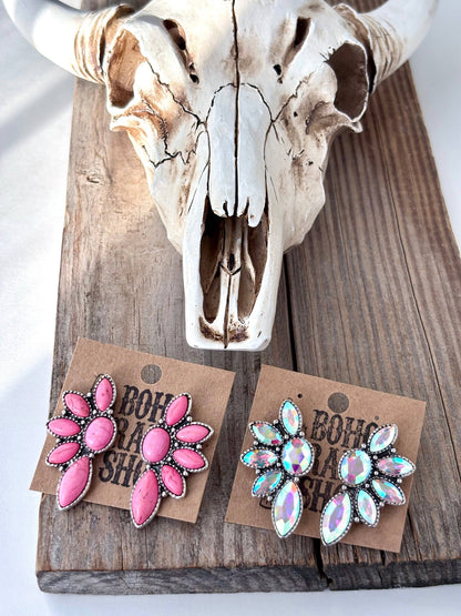 Western Style Squash Blossom Stone Stud Earrings