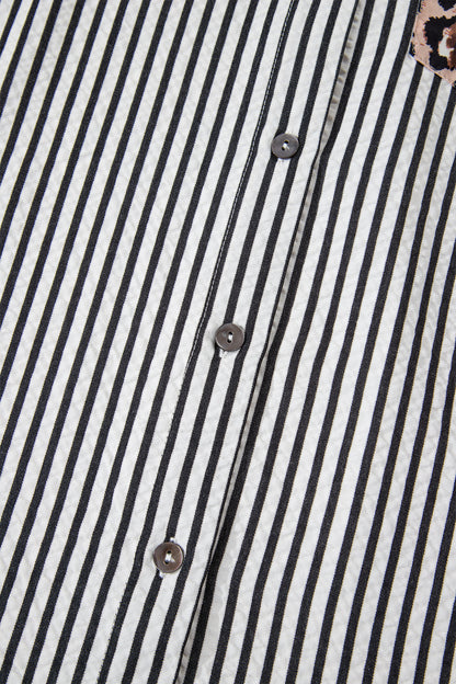 Black Striped Leopard Print Patchwork Button Up Womens Shirt