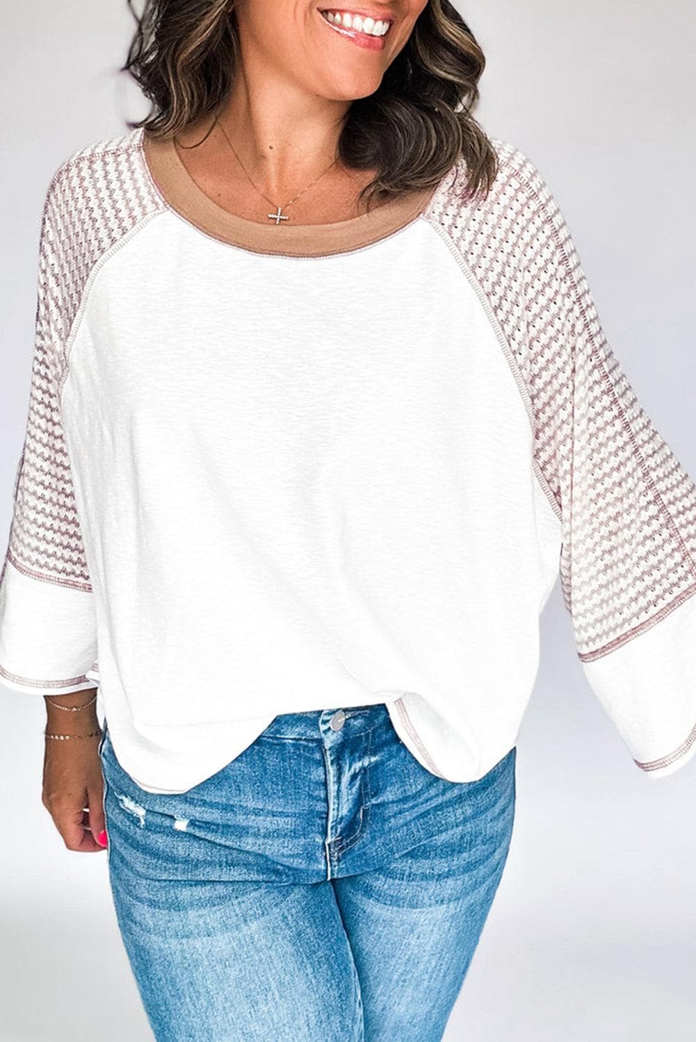 Tops/Long Sleeve Tops White / S / 80%Polyester+20%Cotton White Striped Bracelet Sleeve Raglan Patchwork Top