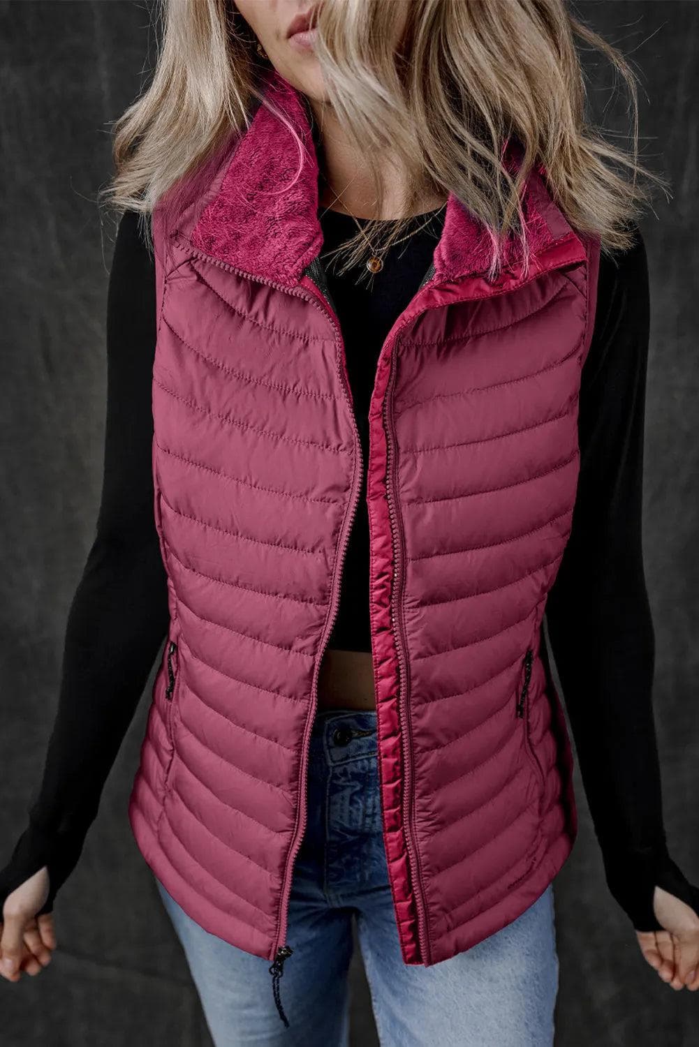 Outerwear/Vests Burgundy / S / 100%Polyester Burgundy Plush Collared Quilted Zipped Puffer Vest