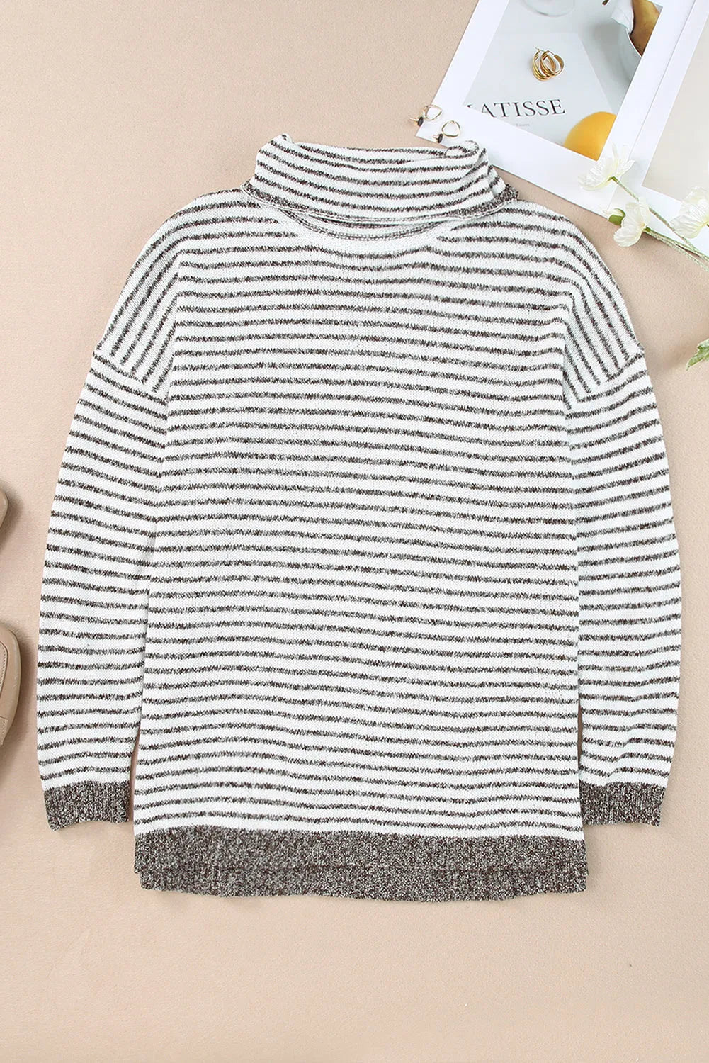 Khaki Striped Turtleneck Loose Sweater - Chic Meadow Boutique 