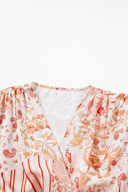 Tops/Bodysuits Orange Floral Print Ruffled Bell Sleeve V Neck Bodysuit