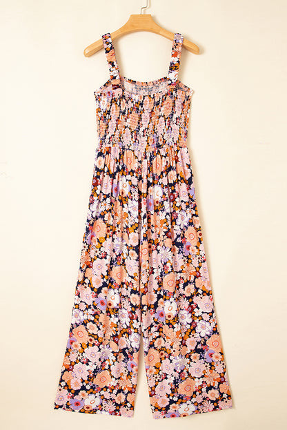 Black Floral Print Smocked High Waist Square Neck Jumpsuit