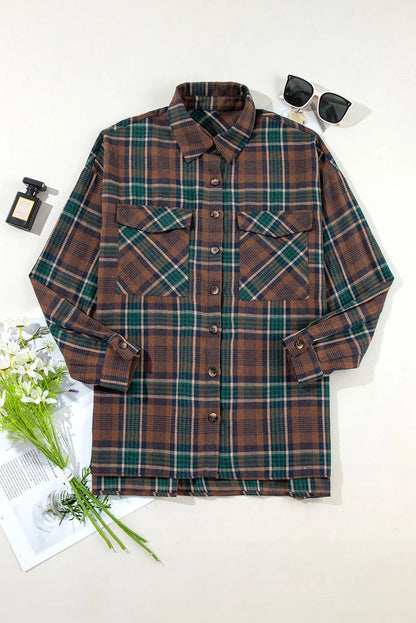 Brown Plaid Print Chest Pockets Buttoned Shirt Jacket - Chic Meadow Boutique 