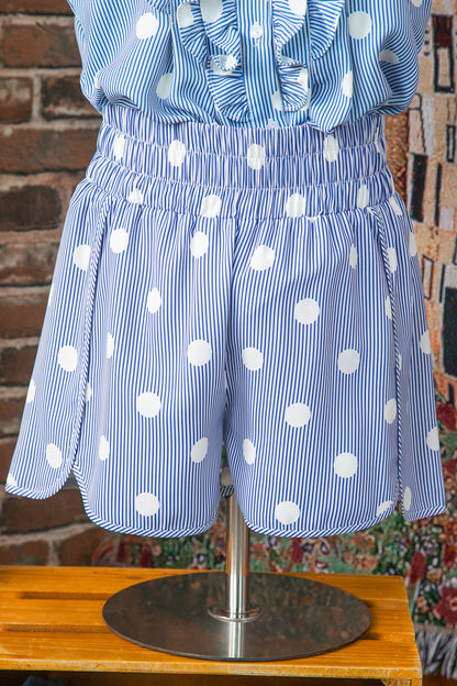 Sky Blue Polka Dot Print Shirred High Waist Casual Shorts