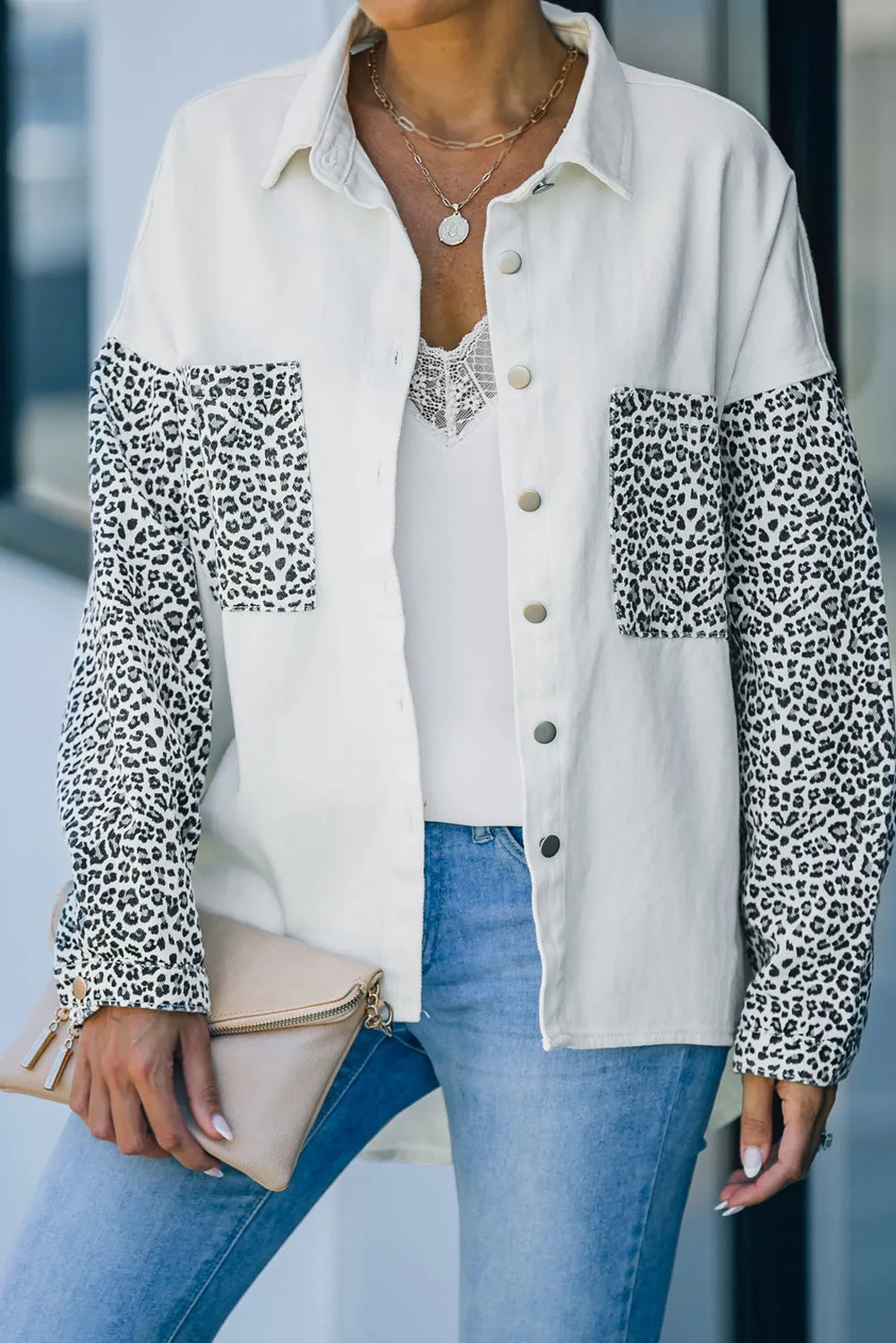 White Contrast Leopard Denim Jacket - Chic Meadow Boutique 