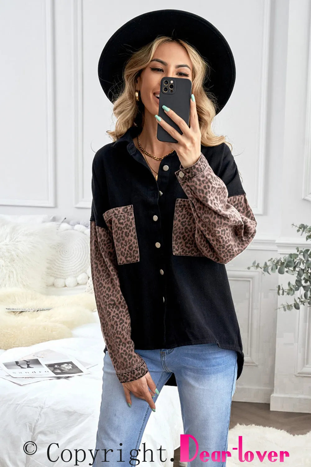 Black Contrast Leopard Denim Jacket - Chic Meadow Boutique 