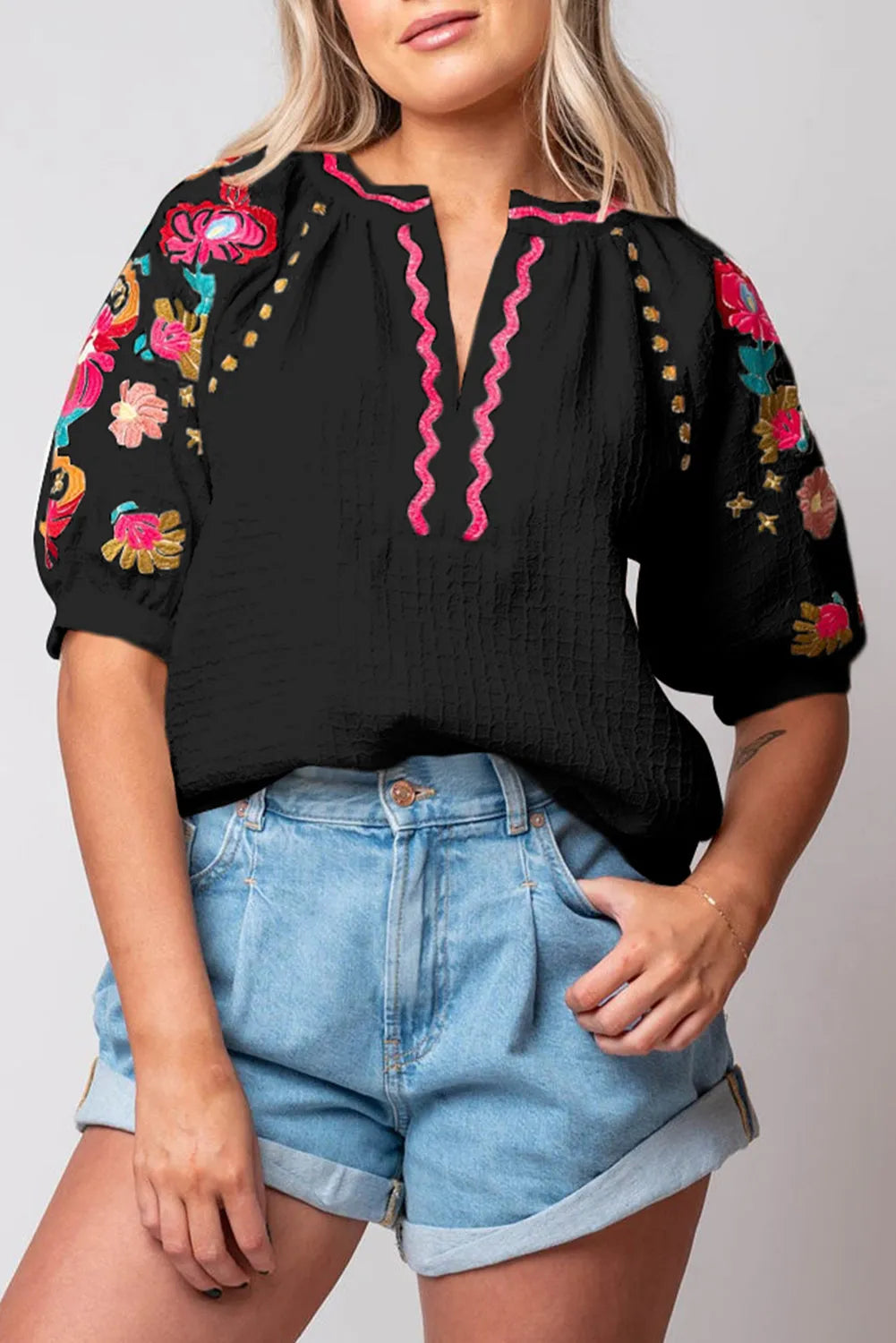 Black Floral Embroidered Ricrac Puff Sleeve Textured Blouse - Chic Meadow Boutique 