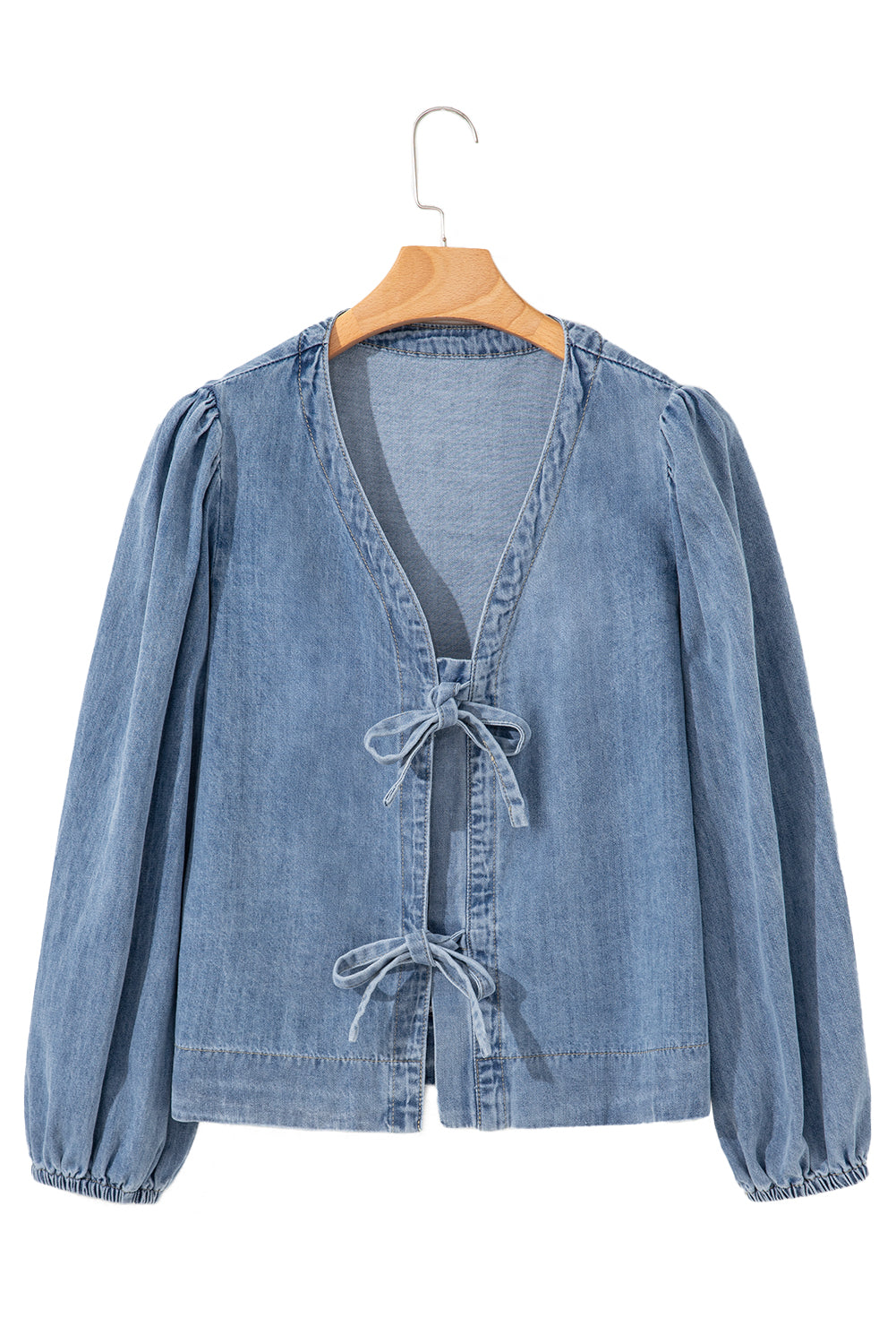 Dusk Blue Tied Front Long Puff Sleeve Denim Top