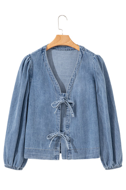 Dusk Blue Tied Front Long Puff Sleeve Denim Top