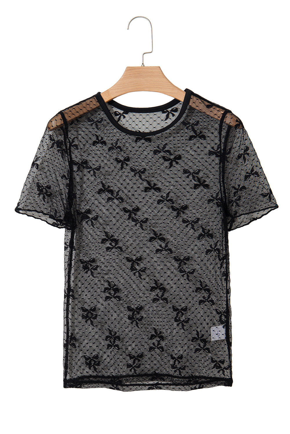 Black Bow Knot Dotted See-through Mesh Patched Slim Fit Blouse