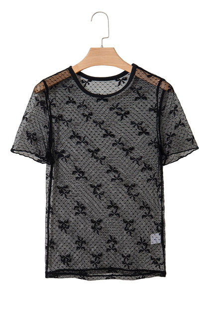 Black Bow Knot Dotted See-through Mesh Patched Slim Fit Blouse