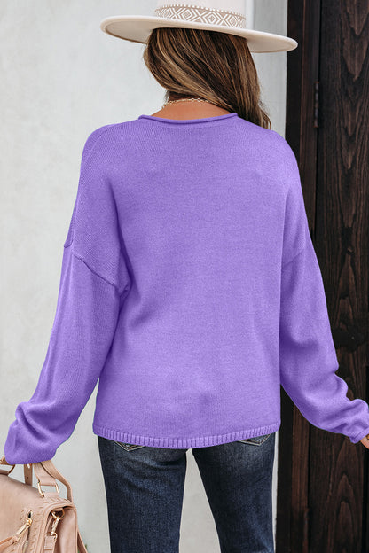 Wisteria Solid Color Knit Button Drop Shoulder Sweater Cardigan