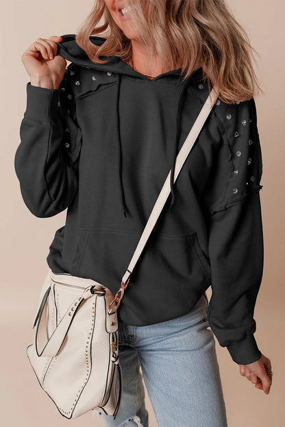 Black Solid Color Rivet Stud Raglan Sleeve Hoodie with Pocket - Chic Meadow Boutique 