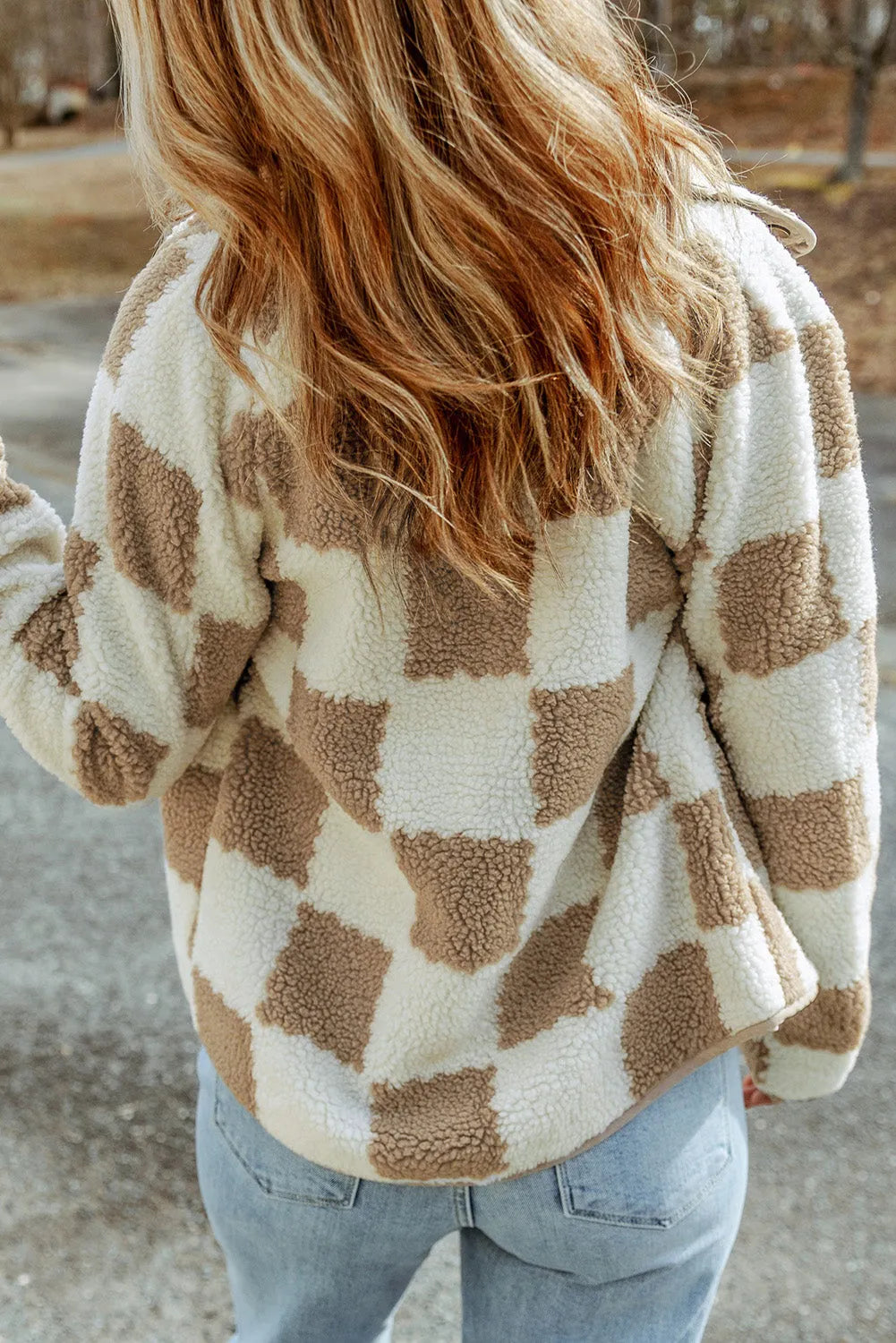 Brown Checked Snap Button Sherpa Jacket - Chic Meadow Boutique 