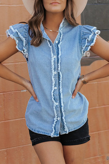 Beau Blue Button Front Ruffled Flutter Frayed Denim Top - Chic Meadow Boutique 