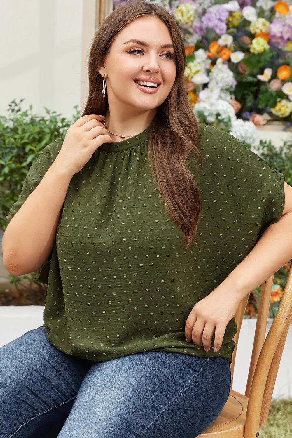 Plus Size/Plus Size Tops/Plus Size Blouses & Shirts Moss Green Plus Size Swiss Dot Mock Neck Tied Nape Top