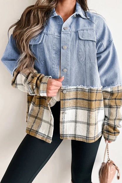 Khaki Plaid Patchwork Buttoned Oversized Denim Jacket - Chic Meadow Boutique 