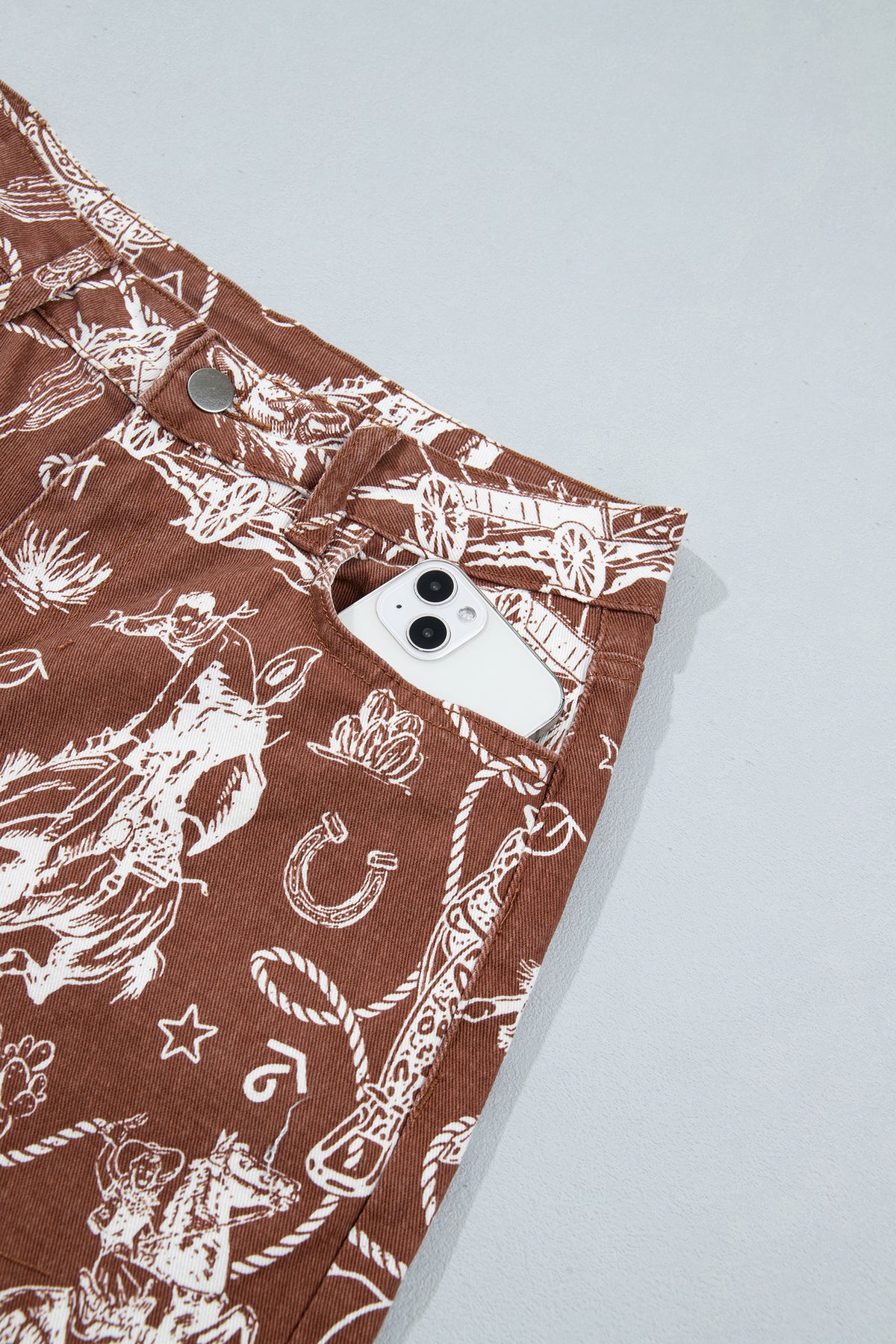 Brown Western Print Casual Shift Jeans