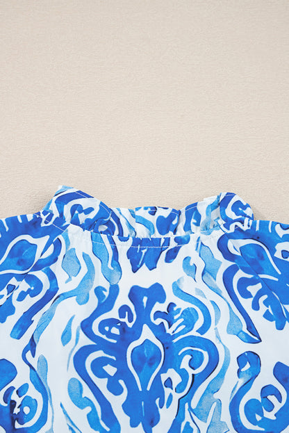 Sky Blue Ethnic Printed Tie Split Neck Button Front Puff Sleeve Shirt