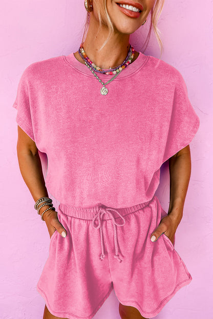 Bonbon Mineral Wash Drawstring Waist Hollow Out Back Short Sleeve Romper