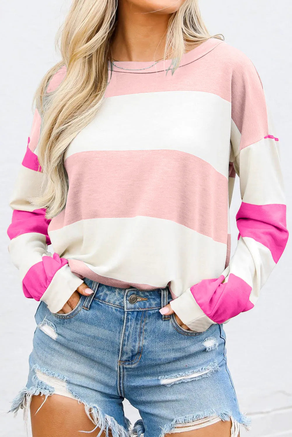 Light Pink Colorblock Striped Drop Shoulder Long Sleeve Top - Chic Meadow Boutique 