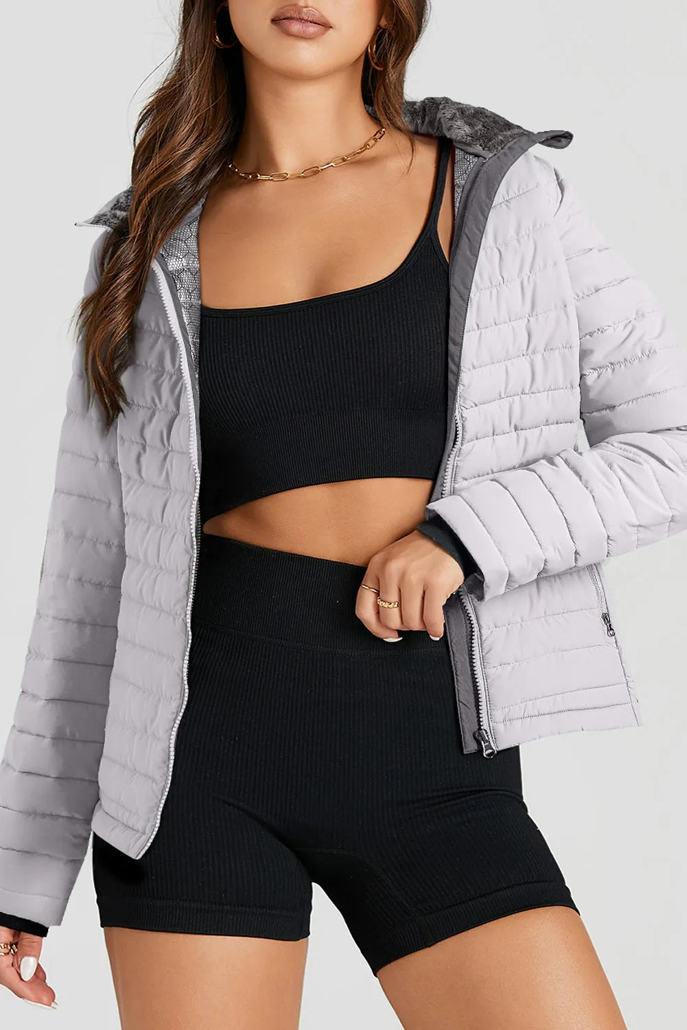 Silvery Solid Color Quilted Zip-up Puffer Jacket - Chic Meadow Boutique 