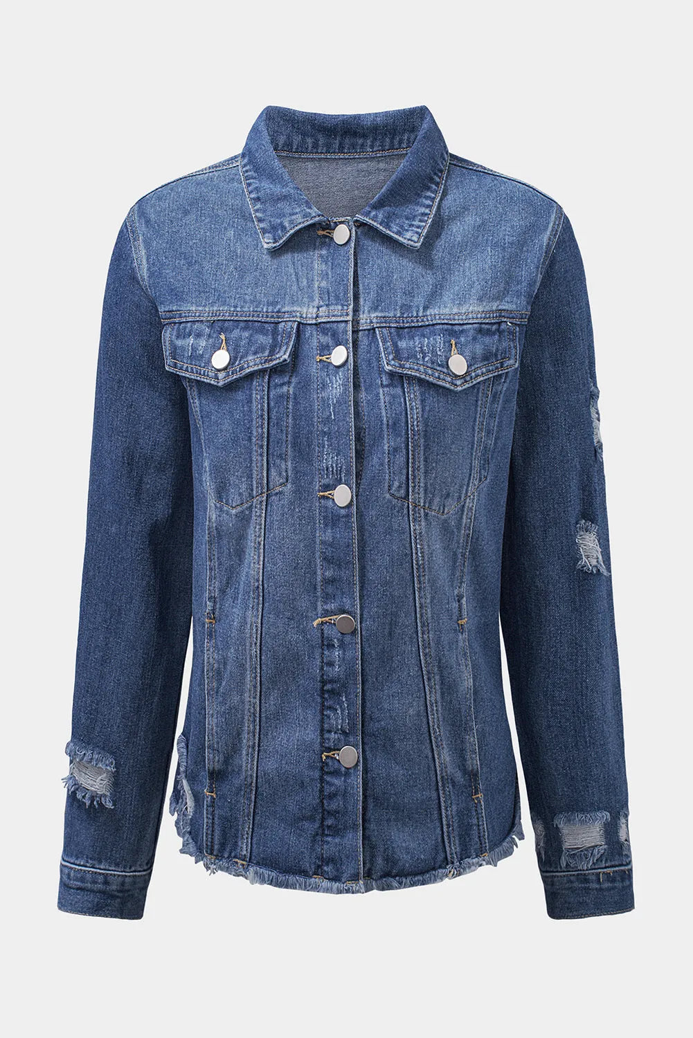 Blue Lapel Distressed Raw Hem Buttons Denim Jacket - Chic Meadow Boutique 