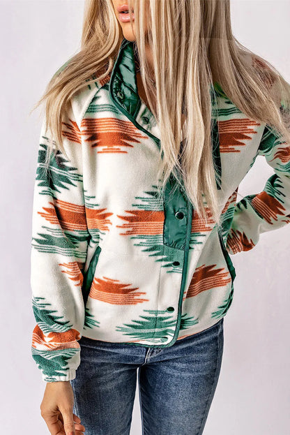 Multicolour Western Aztec Snap Buttoned Fleece Jacket - Chic Meadow Boutique 