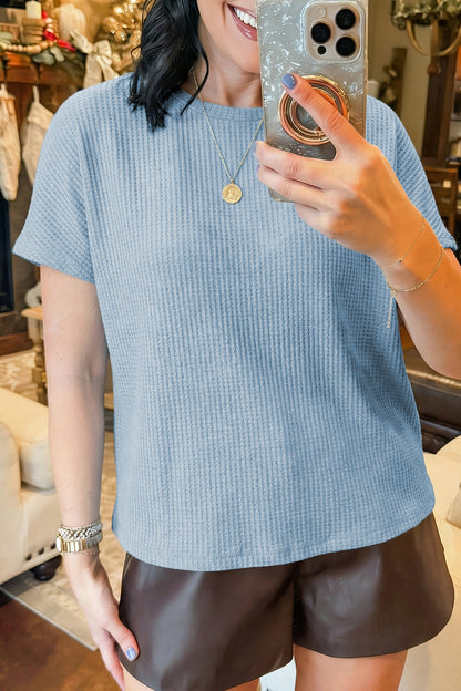 Beau Blue Waffle Textured Knit Dolman Short Sleeve Loose Top