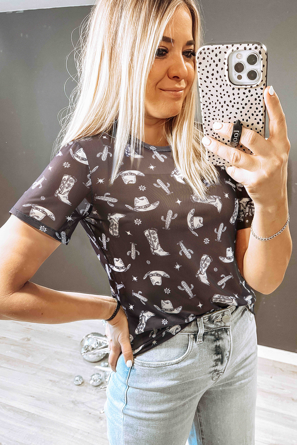 Black Western Pattern Mesh Sheer Crew Neck T Shirt