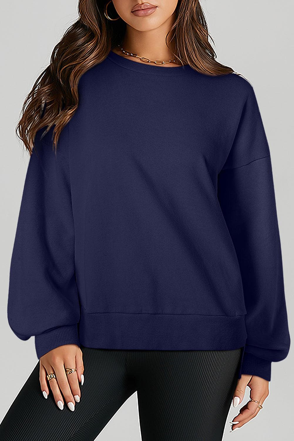 Tops/Sweatshirts & Hoodies Navy Blue / S / 50%Polyester+50%Cotton Navy Blue Solid O Neck High Low Hem Pullover Sweatshirt