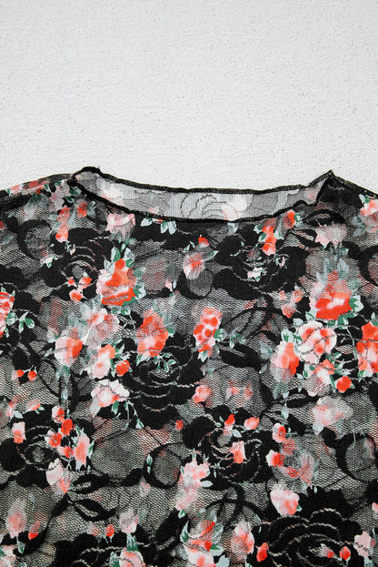 Black Floral Mesh Sheer Long Sleeve Top