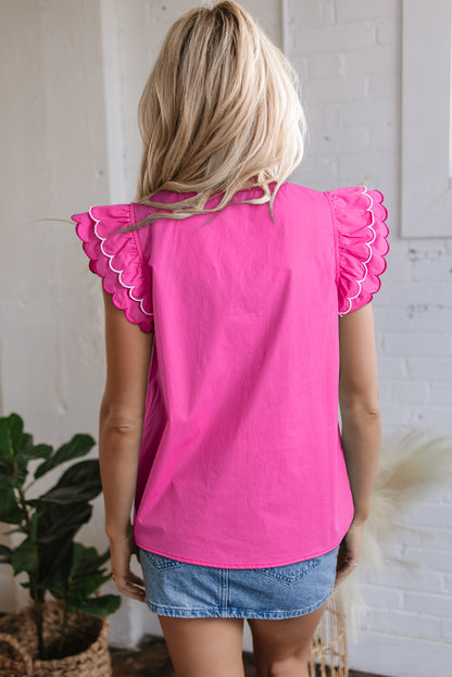 Bright Pink Contrast Scallop Trim Layered Short Sleeve V Neck Blouse