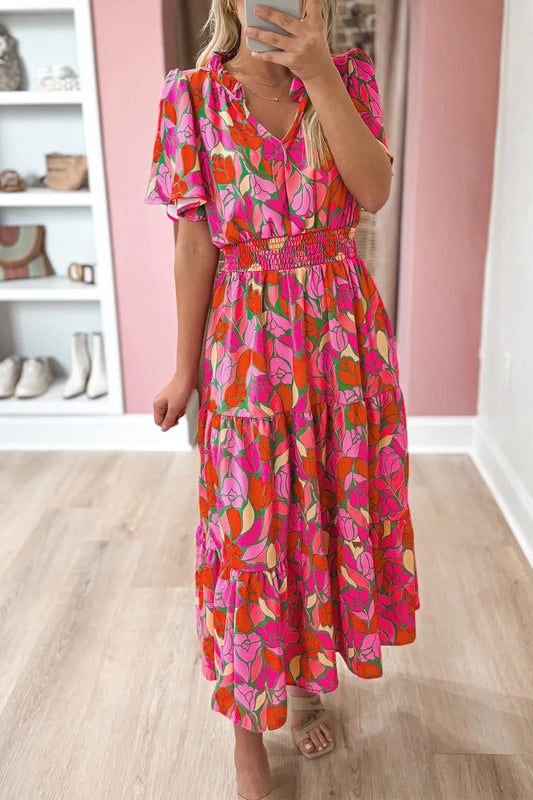 Rose Floral Short Sleeve Smocked Waist Maxi dress - Chic Meadow Boutique 