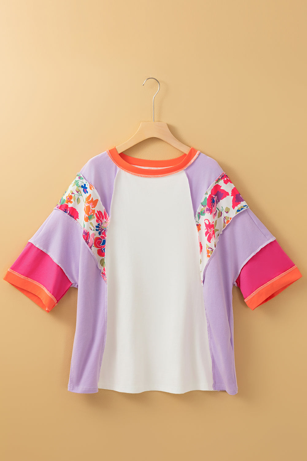 Sachet Pink Floral Color Block Patchwork 3/4 Sleeve Casual Blouse