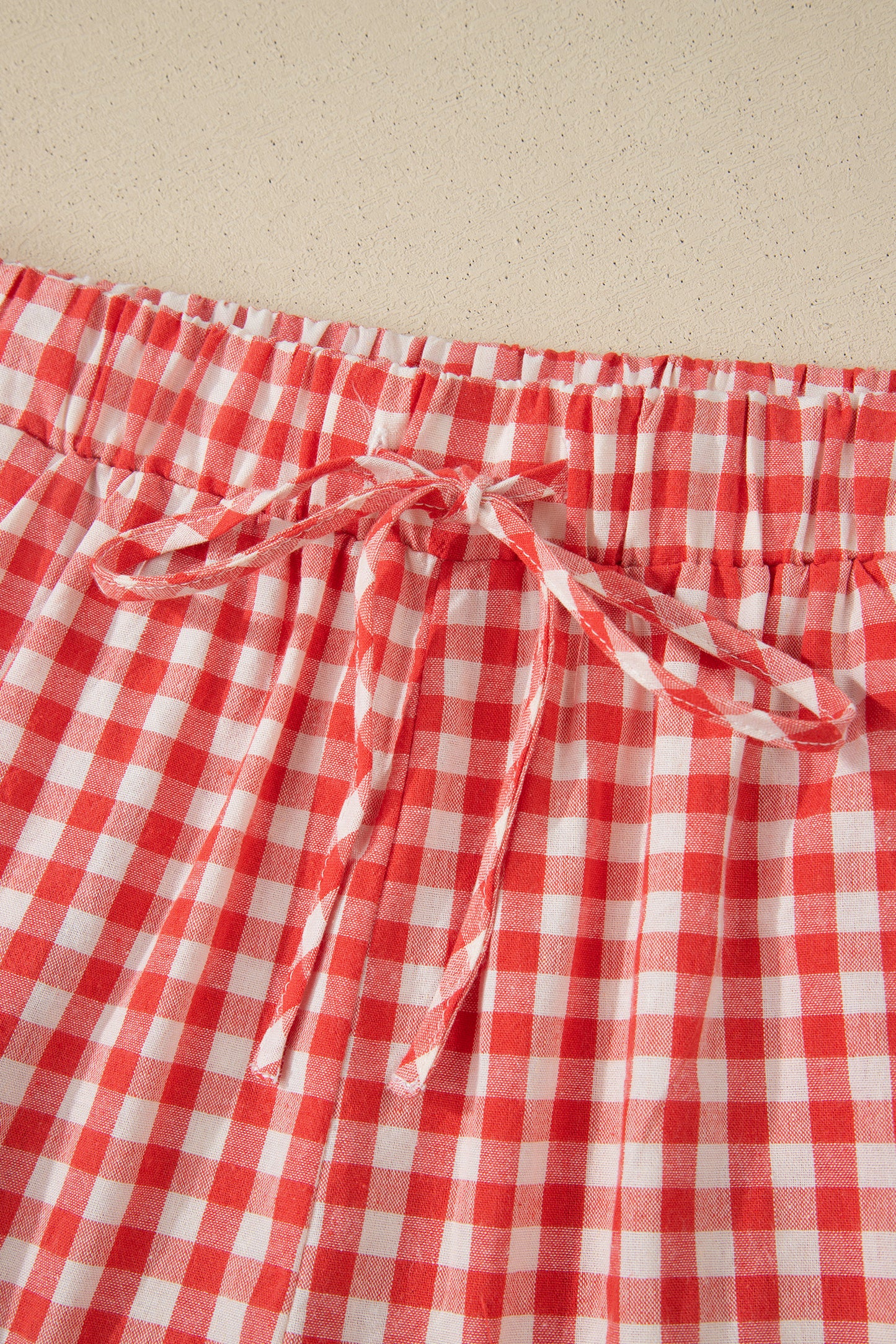Red Gingham Plaid Tie Elastic Waist Lace Patchwork Hem Casual Shorts