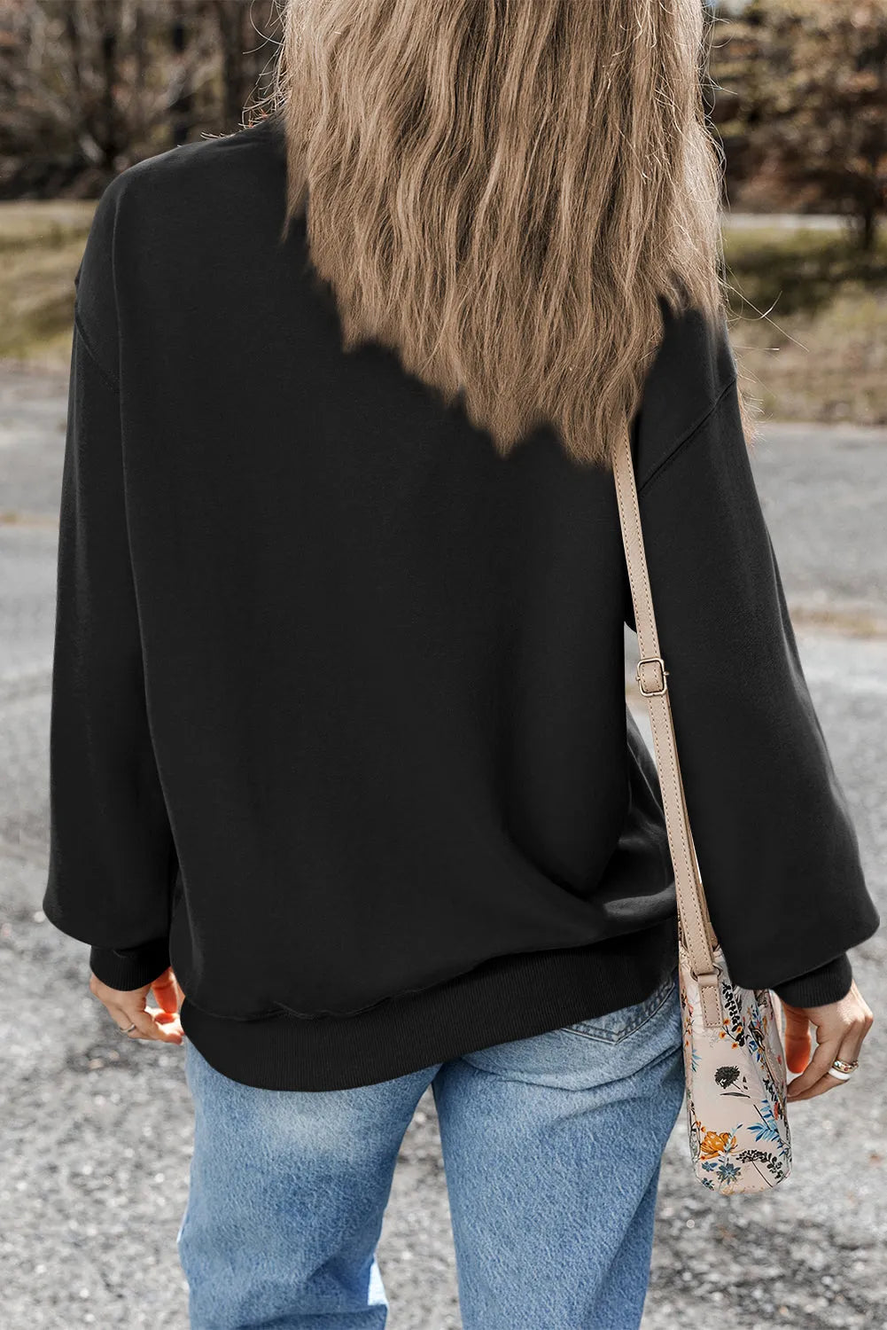 Black Plain Drop Shoulder Crewneck Pullover Sweatshirt - Chic Meadow Boutique 