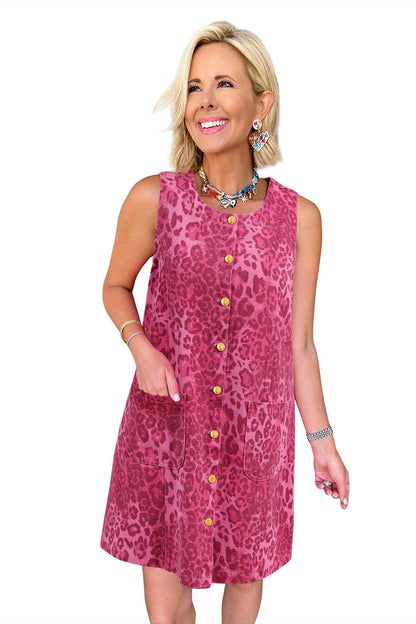 Pink Leopard Denim Buttoned Shift Sleeveless Dress