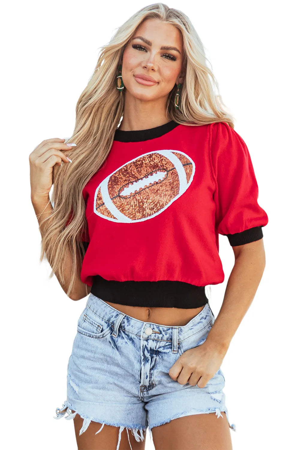 Red Sequin Rugby Color Block Puff Short Sleeve Sweater - Chic Meadow Boutique 