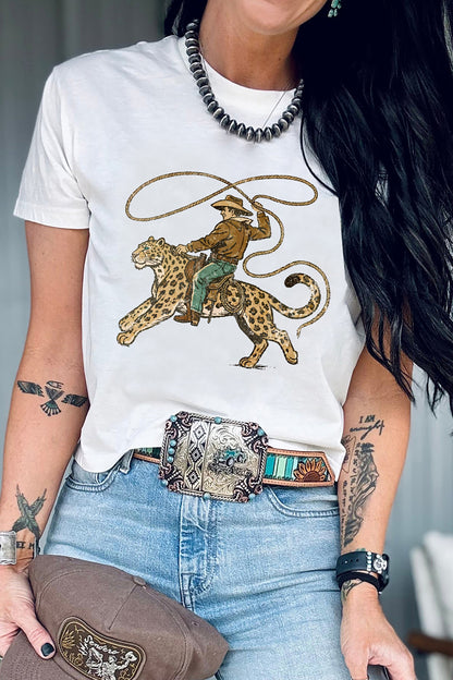 White Leopard Rodeo Cowboy Graphic Casual Tee