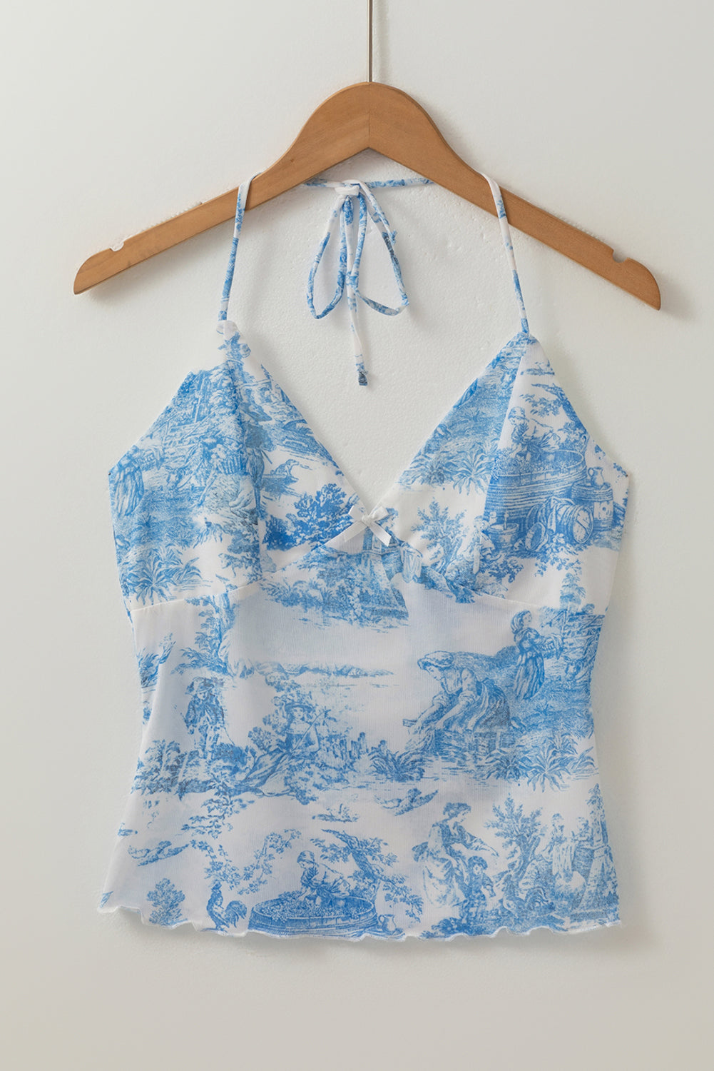 Sky Blue Random Printed Mesh Bow Detail Halterneck Tank Top